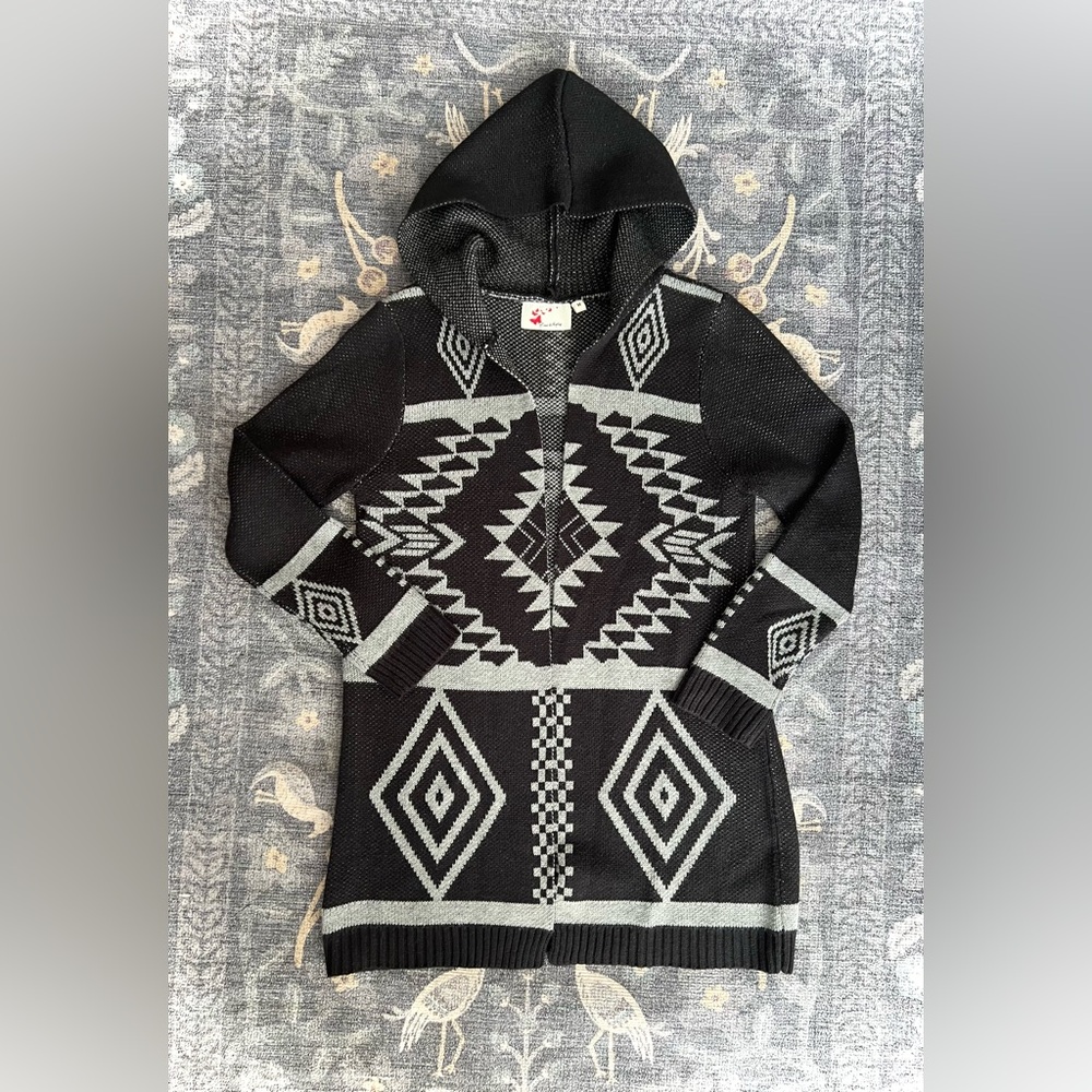 8 Red Butterflies Tunic length hooded Black gray Aztec print open front cardigan